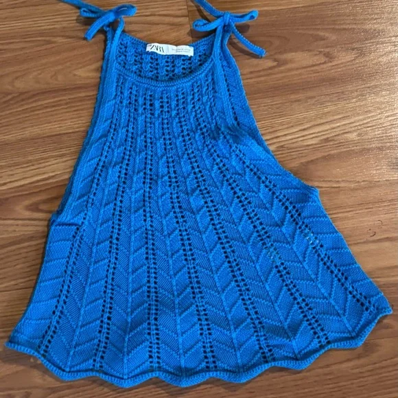 Zara Blue Knit Crochet Tank Top Scalloped Hem Size M - Picture 1 of 3